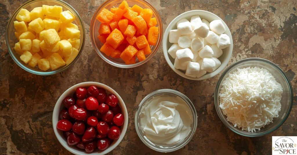 Ambrosia Salad ingredients arranged on a table