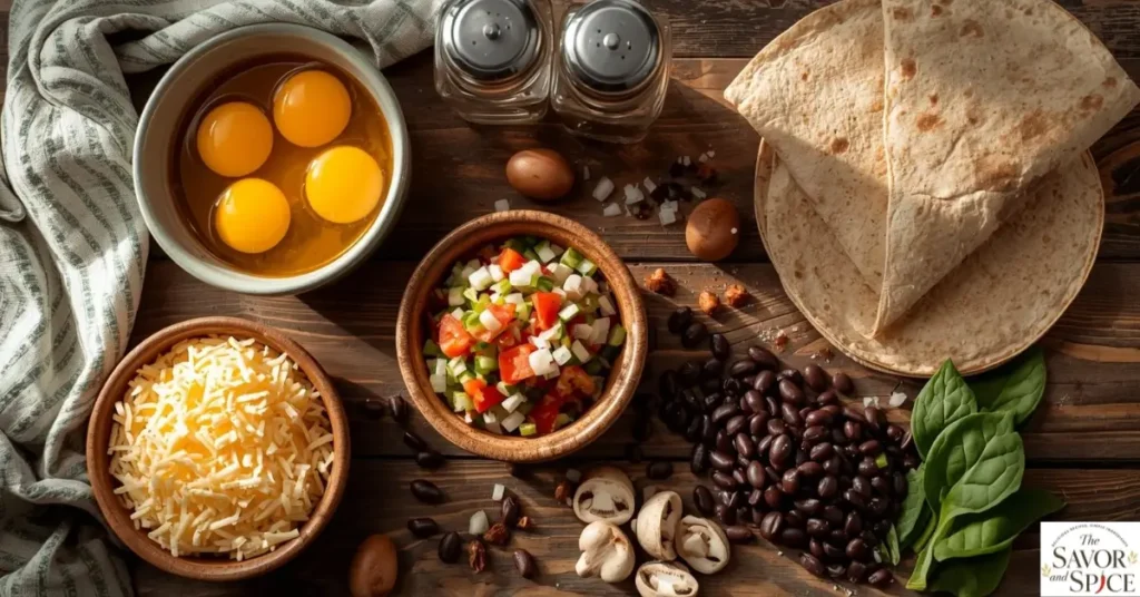 Ingredients for breakfast quesadilla recipe: eggs, shredded cheese, bell peppers, onions, beans, and tortillas on a kitchen counter