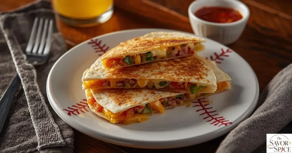 Freshly made breakfast quesadilla with eggs, melted cheese, and colorful vegetables on a plate.