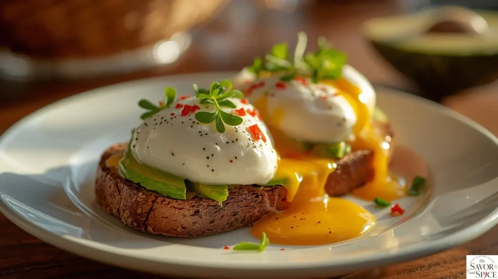 Creamy avocado toast with poached egg on whole-grain bread, garnished with microgreens and red pepper flakes.