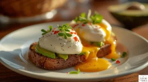 Creamy avocado toast with poached eggs.