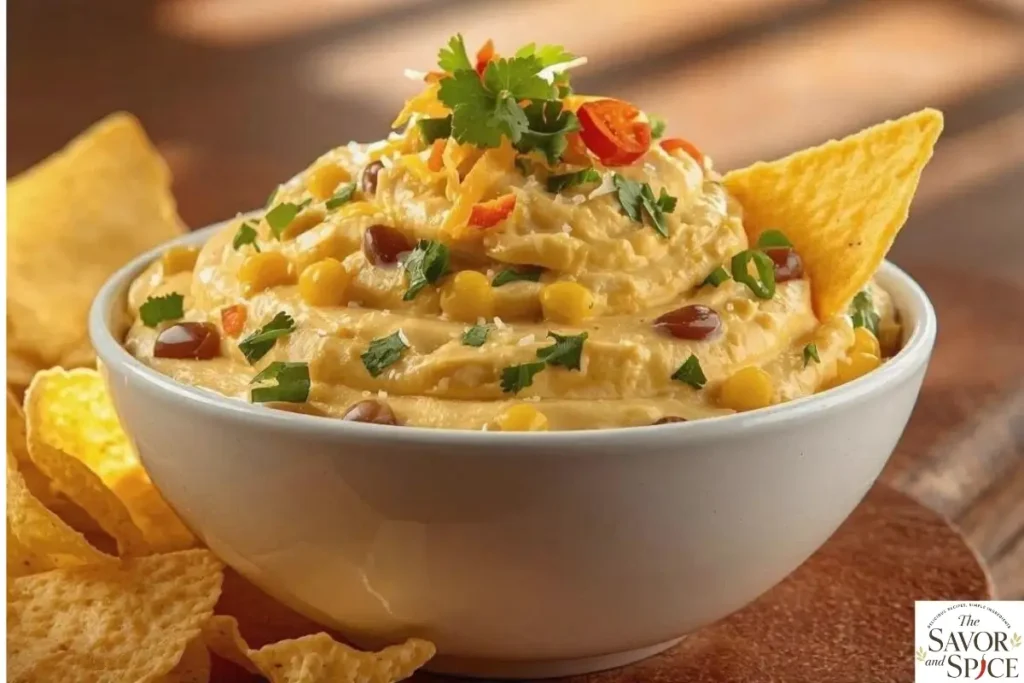 Bowl of creamy corn dip with cream cheese, garnished with fresh coriander, served with tortilla chips for a quick and flavorful snack