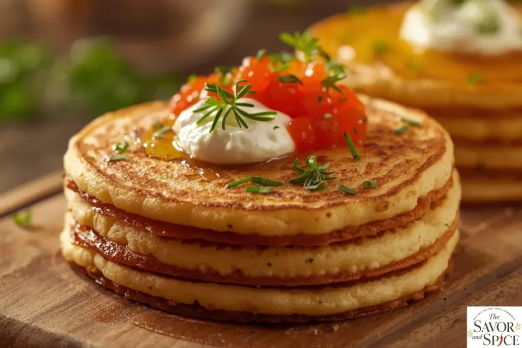 Stack of golden Russian blini topped with orange caviar.
