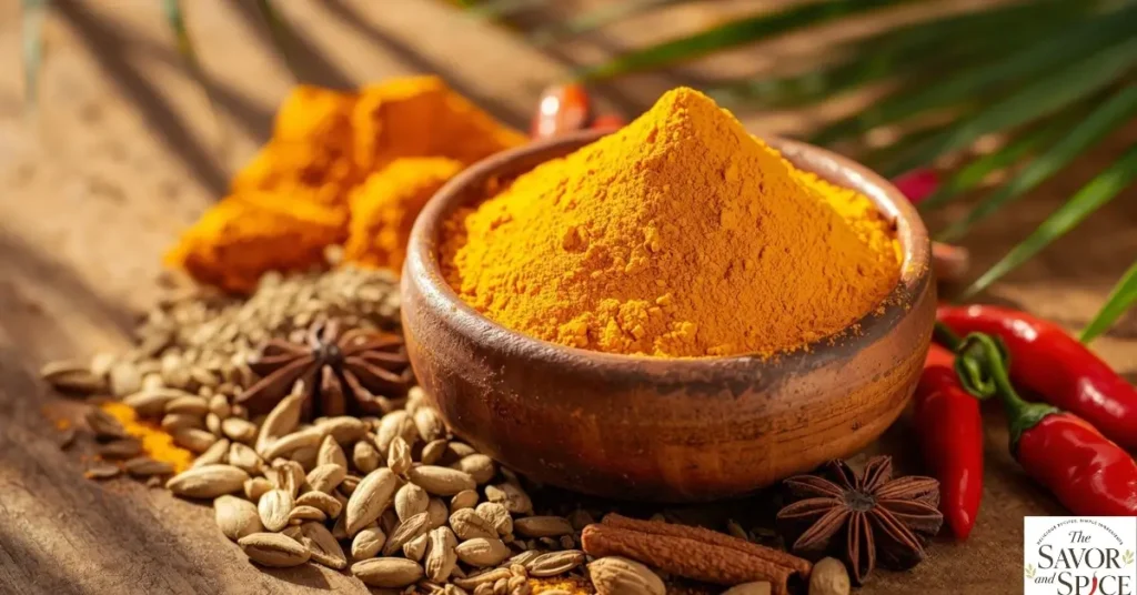 Close-up of vibrant Jamaican curry powder in a small bowl, surrounded by fresh spices like turmeric, cumin, coriander, and chili peppers.