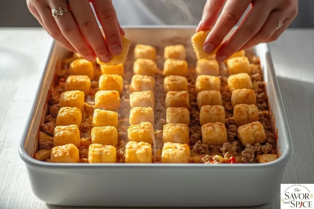 Layer the casserole to make hamburger tater tot casserole.