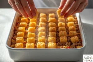 layering tater tots on casserole.