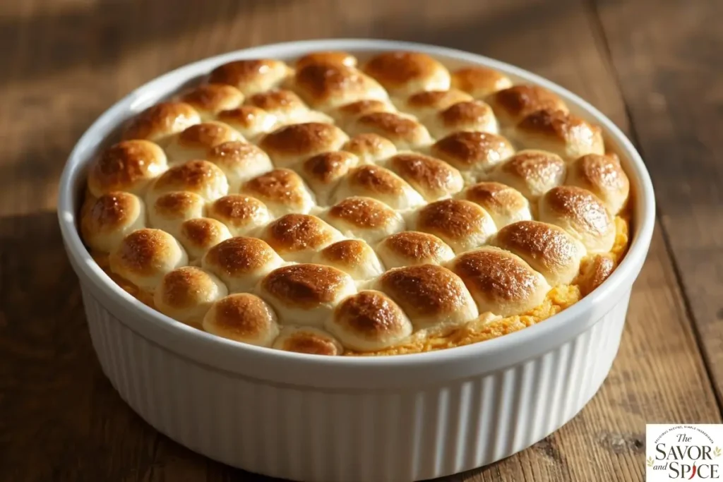Soft potato soufflé recipe topped with marshmallows.
