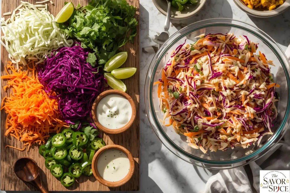 Freshly prepared Mexican Coleslaw with shredded cabbage, carrots, and jalapenos served with creamy lime dressing.
