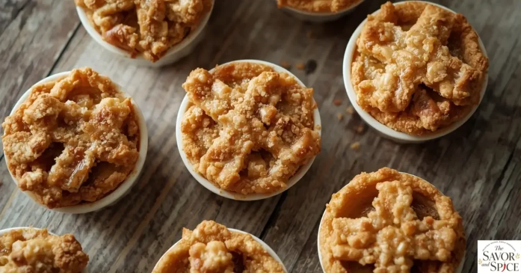 Mini individual apple pies in ramekins with golden, crispy crumble topping, showing the texture and a peek of apple filling.