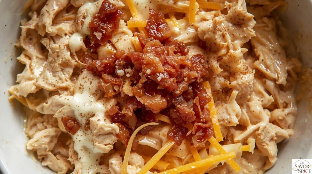 Mixing shredded chicken, crispy bacon, ranch dressing, and shredded cheeses in a bowl to for chicken bacon ranch calzone recipe.