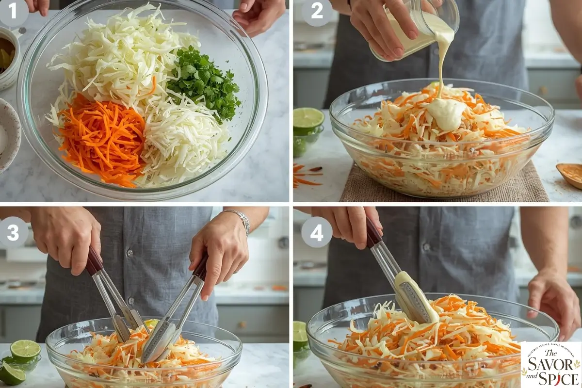 Tossing chopped vegetables with creamy dressing for Mexican Coleslaw Recipe.