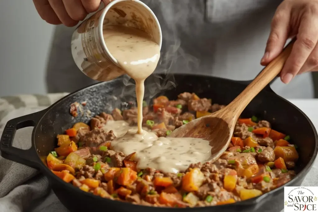 Mix in the creamy sauce to make hamburger tater tot casserole.