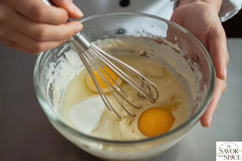 Mixing wet ingredients to make Russian blini pancakes.