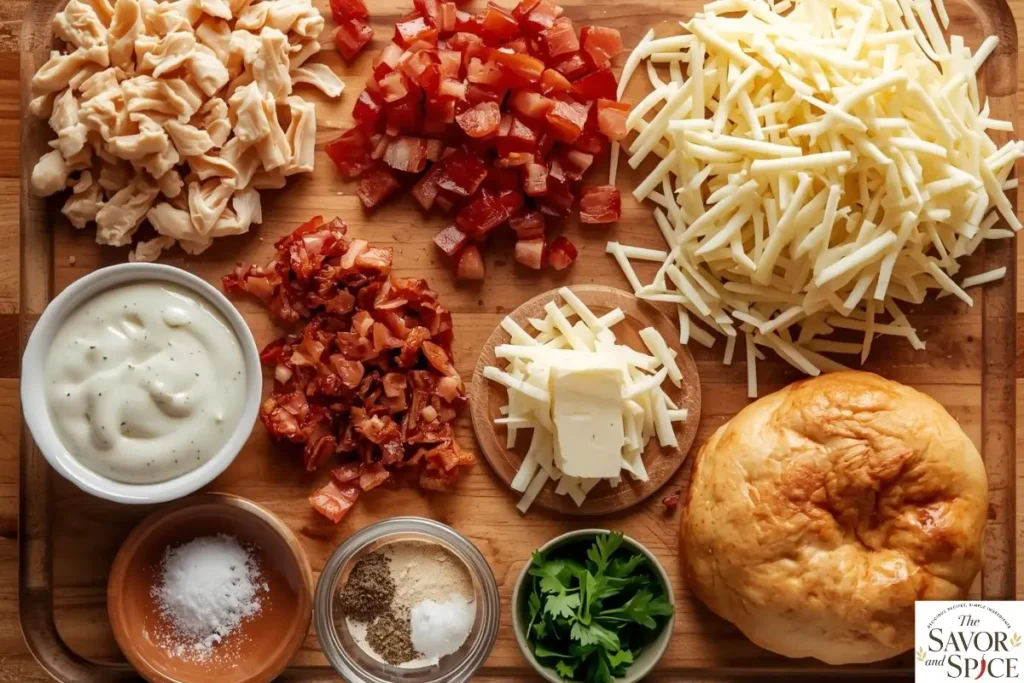Chicken Bacon Ranch Calzone ingredients – dough, bacon, cheese, ranch, chicken