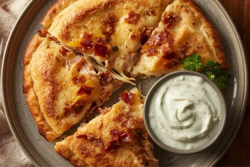 Cheesy Chicken Bacon Ranch Calzone served hot and golden brown
