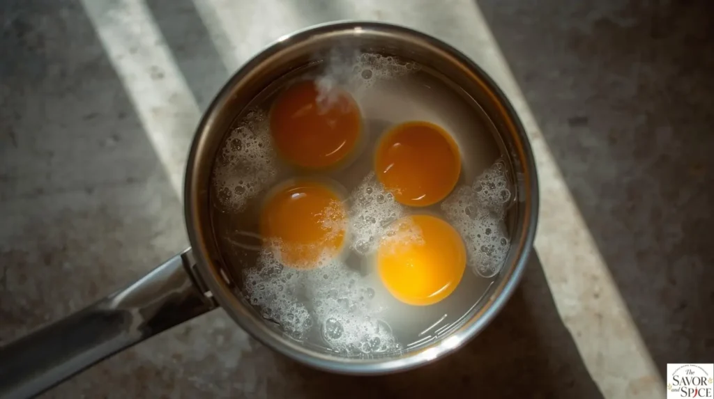 Poaching eggs in simmering water for avocado toast with poached egg 🥑🍳