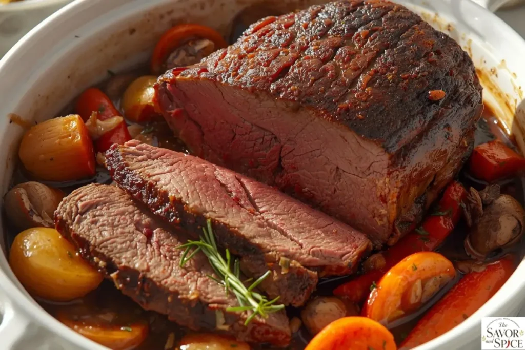 Pot Roast made with homemade seasoning served with potatoes, carrots, and herbs.
