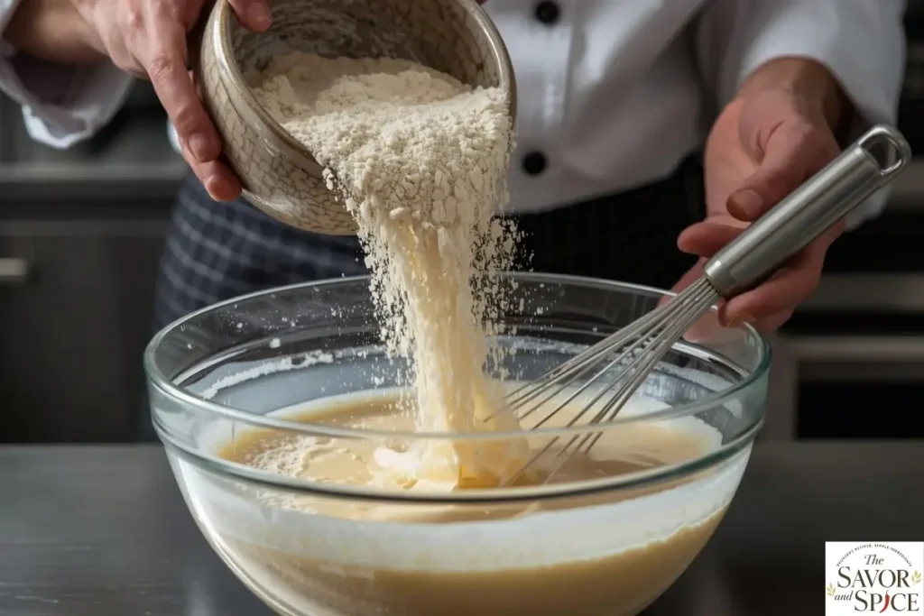 Preparing batter for the Russian blini by mixing wet and dry ingredients.