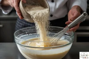Preparing batter to make blinis.