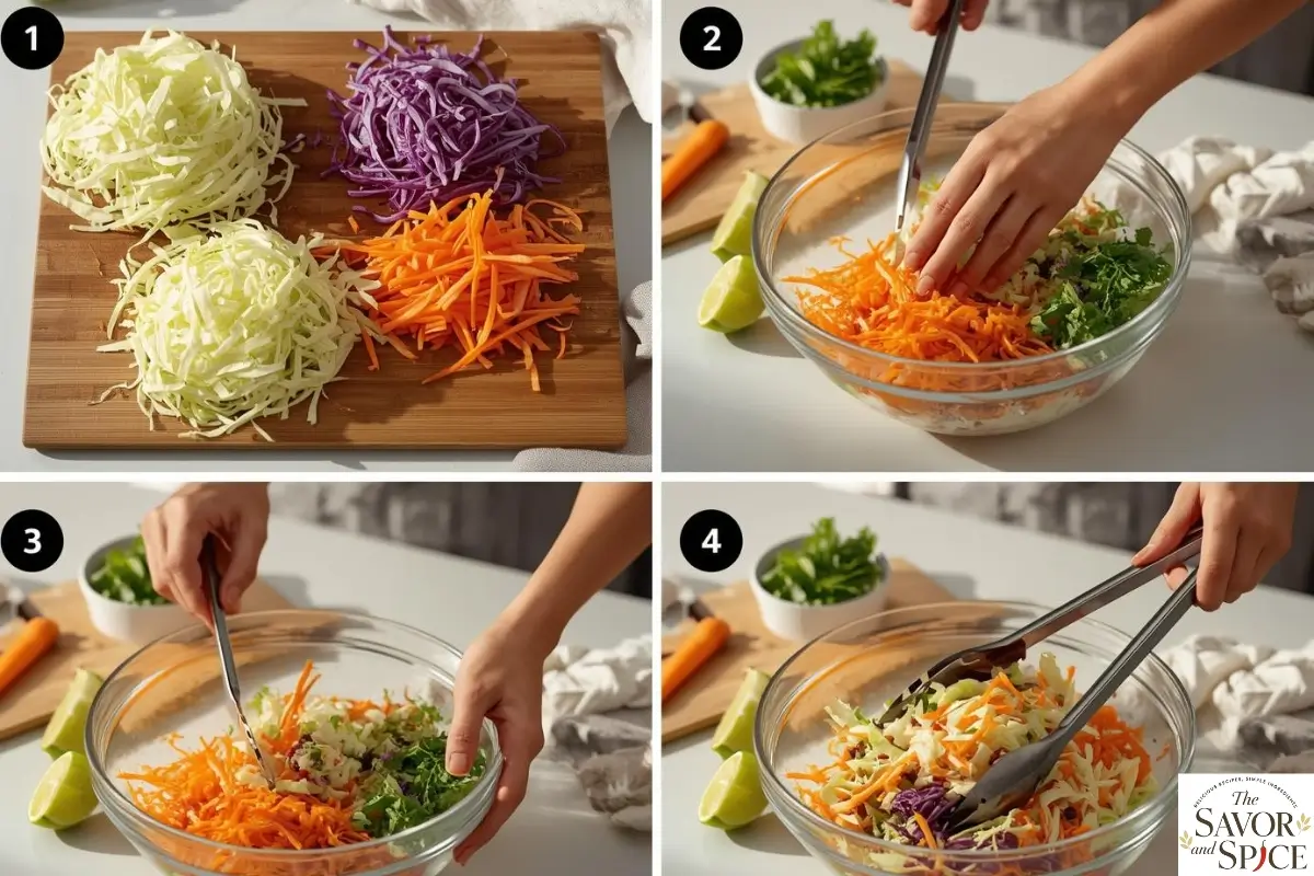 Chopping cabbage, carrots, and cilantro for Mexican Coleslaw Recipe.