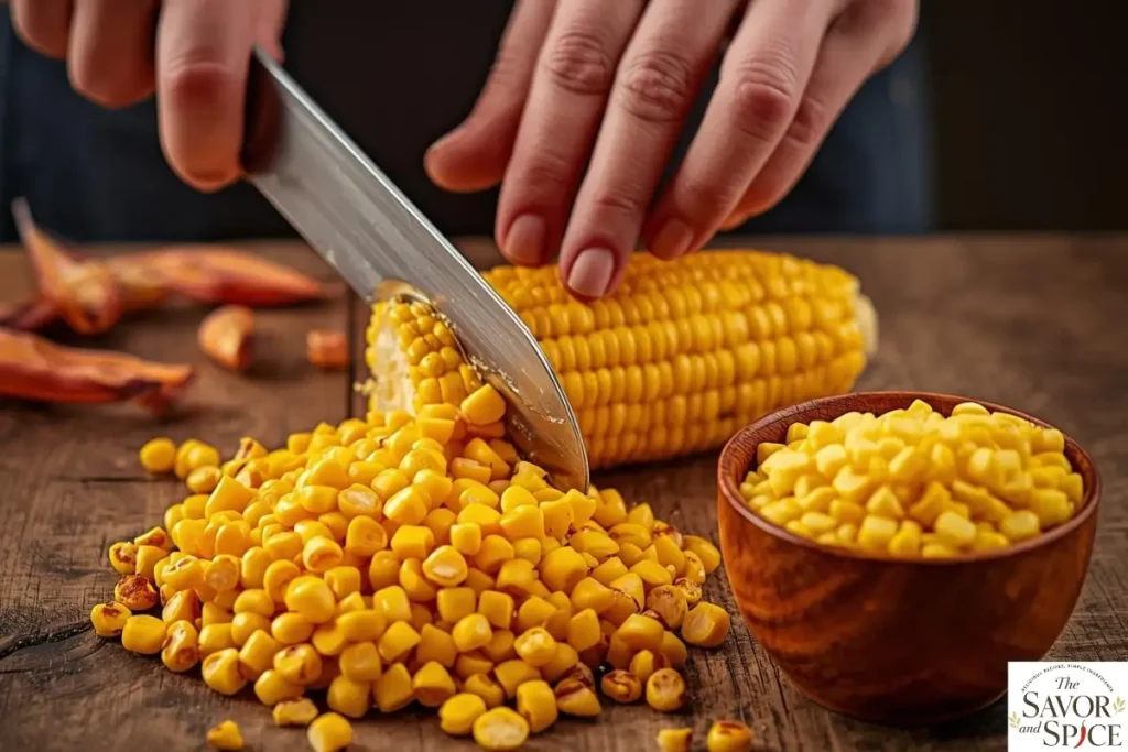 Fresh corn kernels being cut from the cob or drained from a can, ready for creamy corn dip with cream cheese