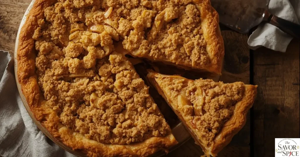 Homemade pumpkin-spiced apple pie with golden crumble topping, showing one slice cut to reveal soft apple filling with pumpkin spice swirls.