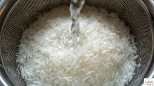 Rinsing white rice in a fine-mesh strainer under cold running water to remove excess starch for a fluffy texture.