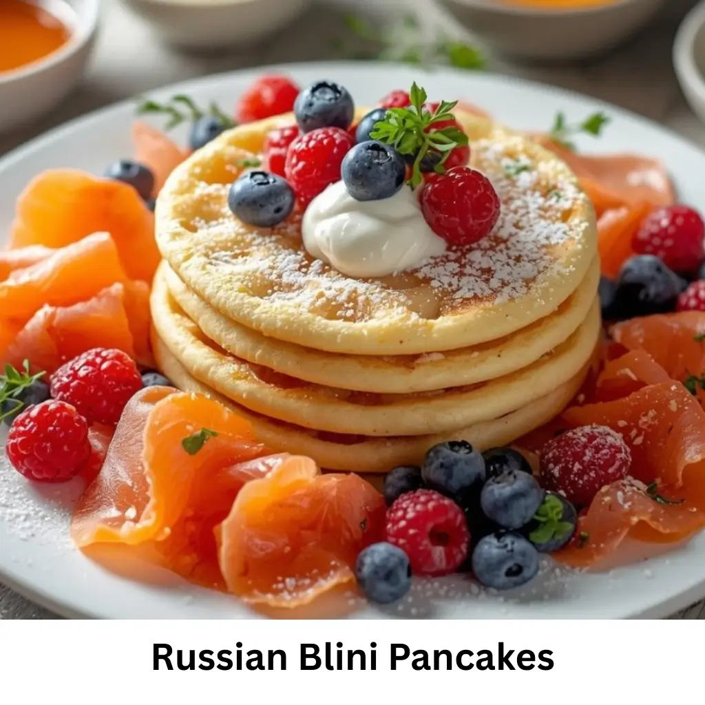 Fluffy Russian Blini Pancakes Served with salmon and fresh fruits.
