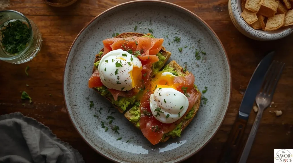 Avocado toast with poached egg and smoked salmon slices 🥑🍳🐟