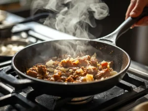 sautéing ground meat to make tortang talong.