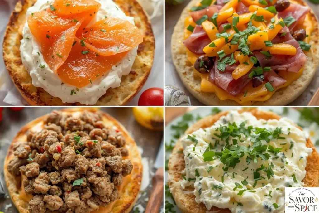 Collage of Russian Blinis with different savory fillings.