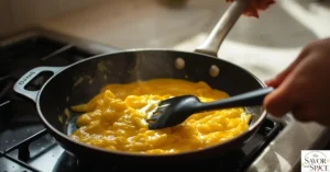 scrambling eggs to make breakfast quesadilla.