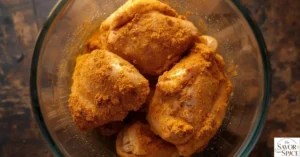 Raw chicken pieces in a bowl being generously coated with a blend of Jamaican curry powder, allspice, garlic powder, and salt.