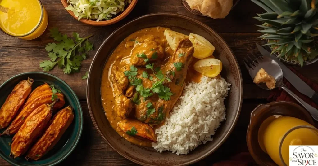 Jamaican Curry Chicken served on a plate with fluffy white rice, fried plantains, and a glass of pineapple juice. The golden curry sauce glistens, and fresh herbs are sprinkled on top for garnish.