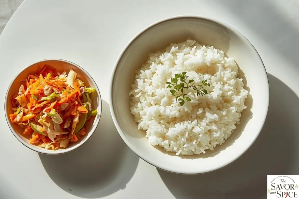 Como Hacer Arroz Blanco recipe served with Mexican coleslaw – delicious plated meal.