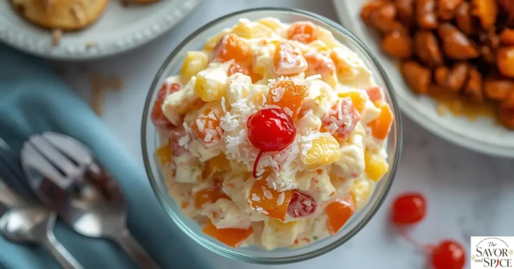 A bowl of chilled Ambrosia Salad garnished with cherries and shredded coconut, ready to serve at a holiday table.