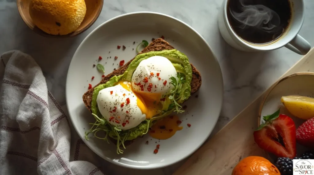 Avocado toast with poached egg served on a rustic plate with coffee and fresh fruit 🥑🍳