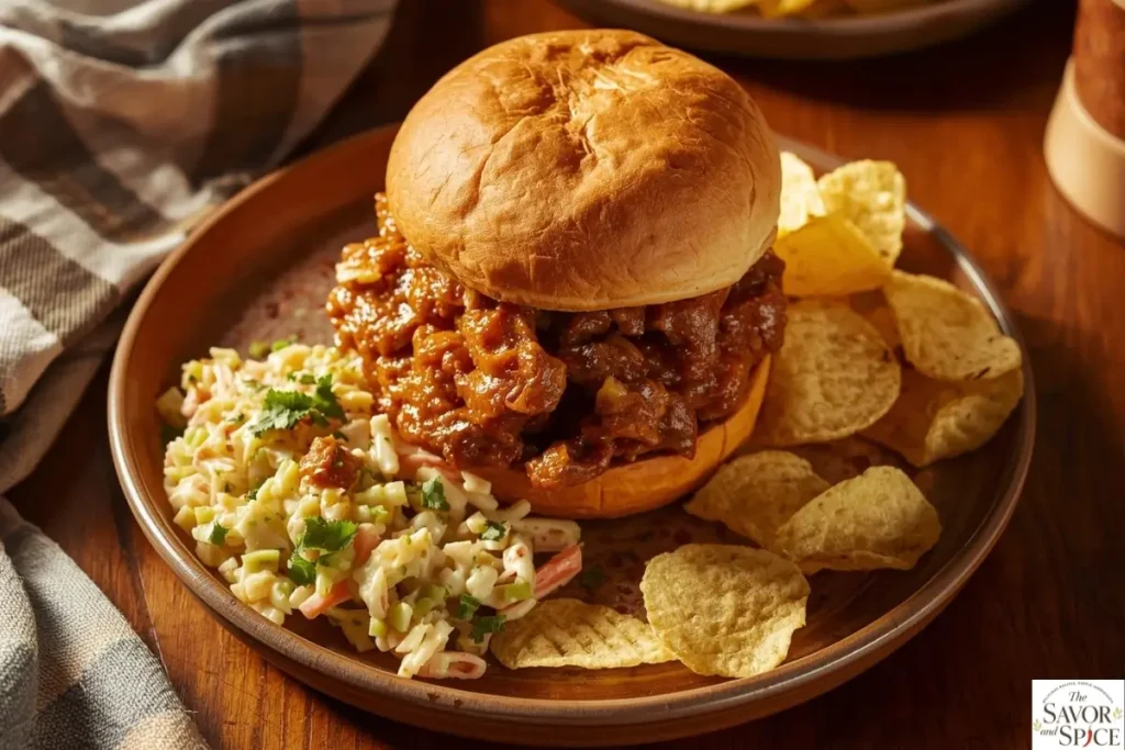 Turkey sloppy joe served with Mexican coleslaw and fries.