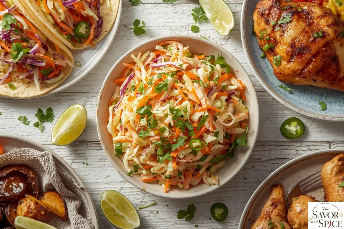 Mexican Coleslaw served with tacos, chicken, and lime wedges.