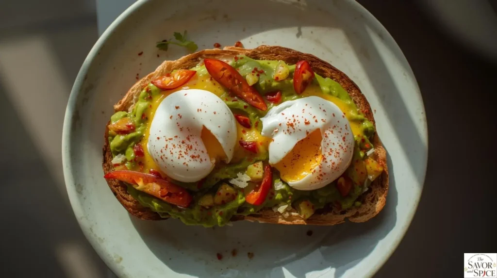 Spicy avocado toast with poached egg topped with red pepper flakes 🥑🍳🌶️