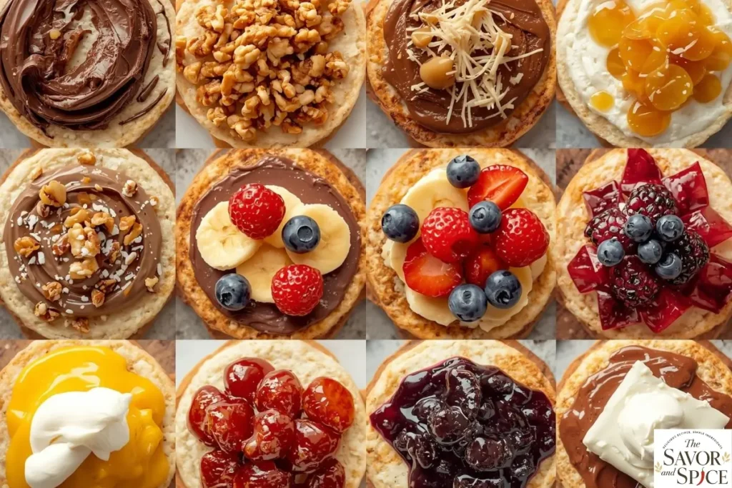 Collage of Russian Blinis with different sweet fillings.