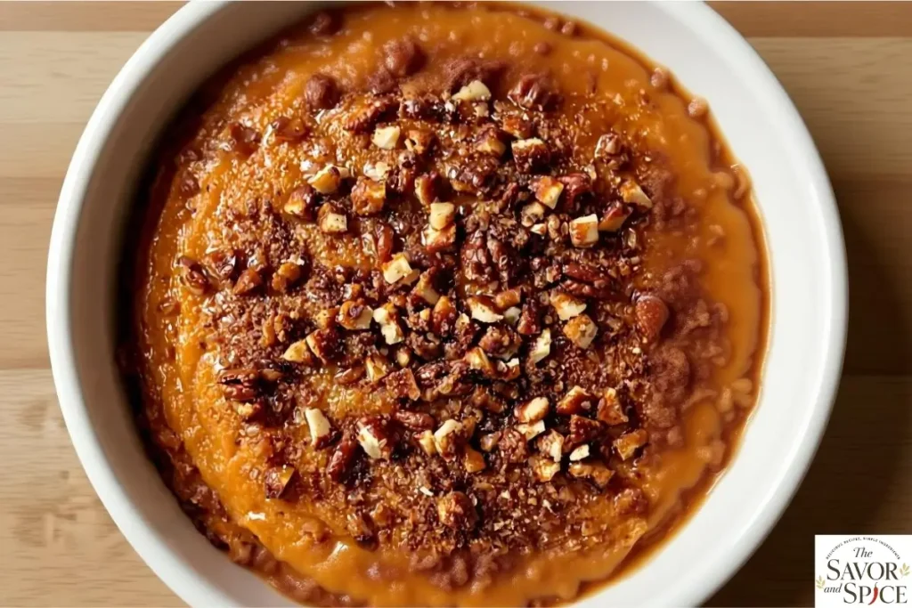 sweet potato soufflé recipe served warm with chopped almonds and maple syrup topping