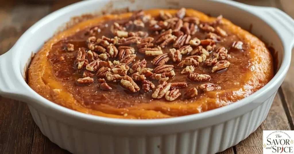 Sweet potato soufflé recipe with brown sugar and pecans toppings, warm and golden-brown.