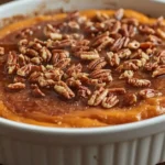 Soft potato soufflé recipe with brown sugar and pecans toppings, warm and golden-brown.