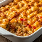 Golden, bubbly One-Pot Hamburger Tater Tot Casserole in a white skillet, with melted cheese, crispy tater tots.