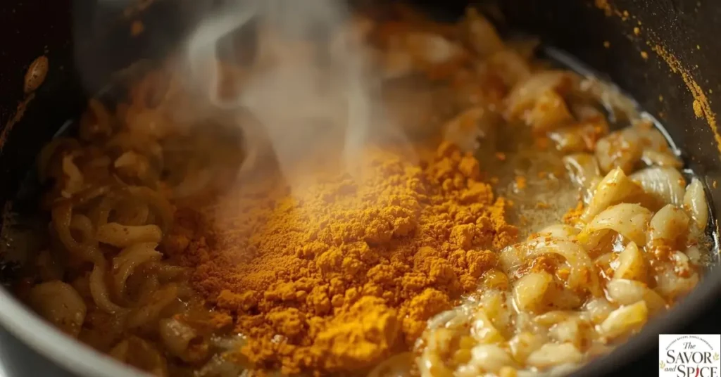 Golden Jamaican curry powder being toasted in a pot with sautéed onions, garlic, and ginger.