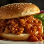 Close-up of a juicy turkey sloppy joe sandwich with saucy ground turkey filling spilling from a toasted bun, served on a rustic plate in natural light.