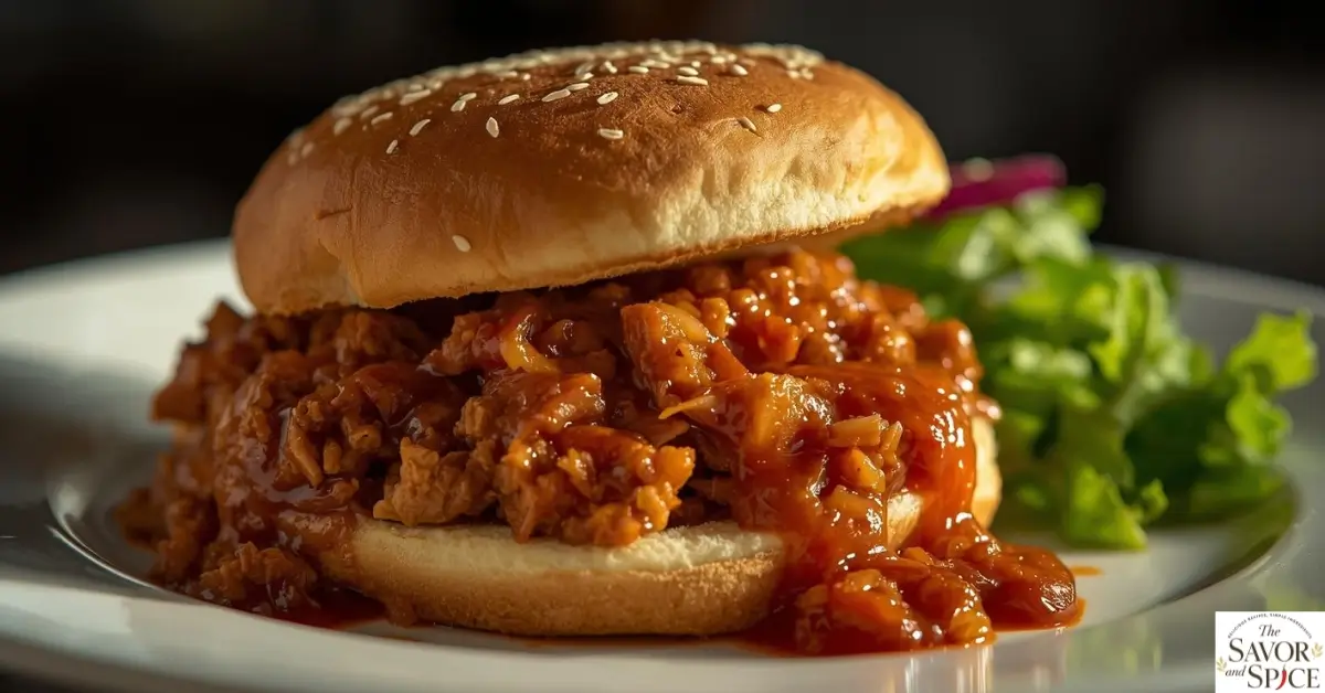 Close-up of a juicy turkey sloppy joe sandwich with saucy ground turkey filling spilling from a toasted bun, served on a rustic plate in natural light.