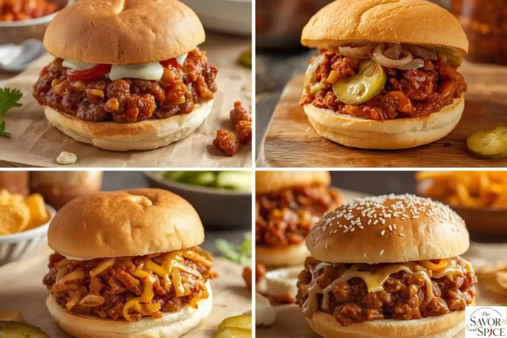 Collage showing four types of sloppy joe sandwiches: classic beef, ground turkey, chicken, and vegetarian lentil versions, each on toasted buns with different toppings, bright and appetizing food photography.