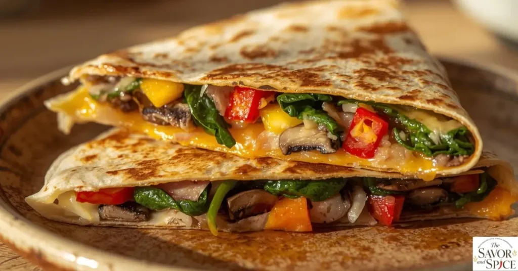 Vegetarian breakfast quesadilla with bell peppers, onions, mushrooms, spinach, and melted cheese, cut into wedges.